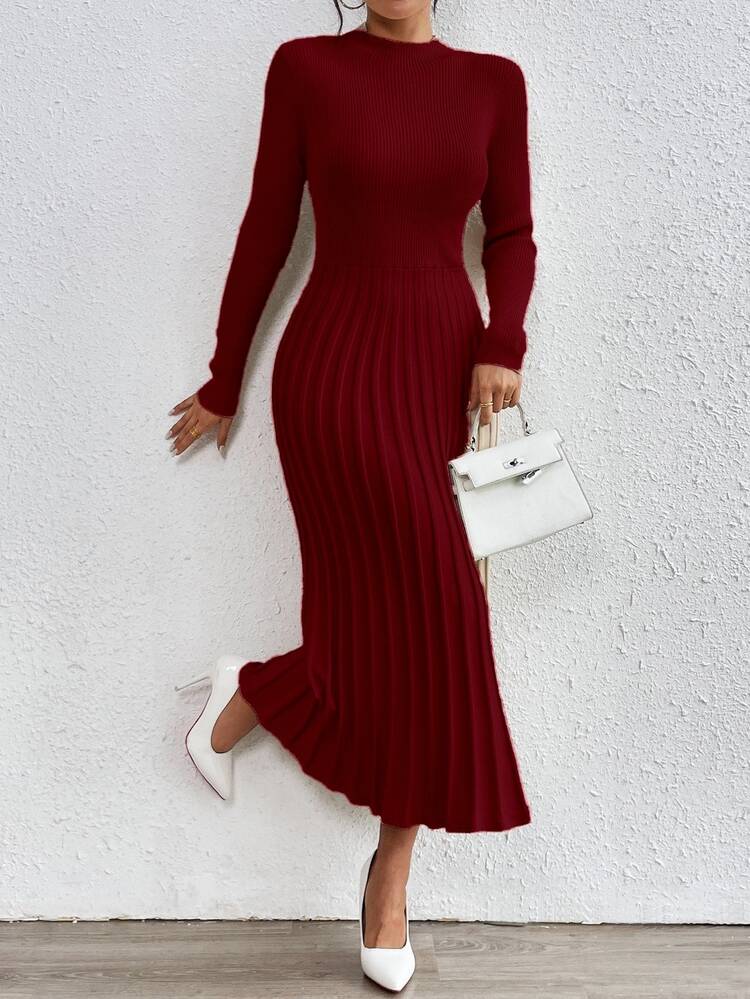 RosyDaze Women's Solid Color Stand Collar Long Sleeve Pleated Hem Elegant Knit Dress, Autumn/Winter Red Burgundy Maroon - Red - View 6