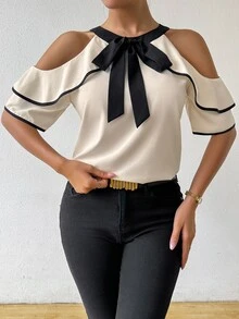 SHEIN 女式夏季优雅拼色露肩系带领口荷叶边下摆衬衫、短袖上衣 - 杏色 - 查看 7