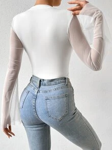 SHEIN Women's Minimalist Solid Color Mesh Patchwork Bell Sleeve Bodysuit Fall Cloth For Women - White - View 2