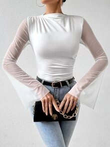 SHEIN Women's Minimalist Solid Color Mesh Patchwork Bell Sleeve Bodysuit Fall Cloth For Women - White - View 6