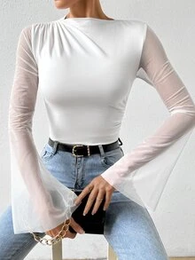SHEIN Women's Minimalist Solid Color Mesh Patchwork Bell Sleeve Bodysuit Fall Cloth For Women - White - View 3