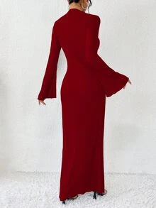 SHEIN 女士长袖喇叭袖纯色简约修身迷人优雅时尚柔软连衣裙酒红色长款女装 - 酒紅色 - 查看 2