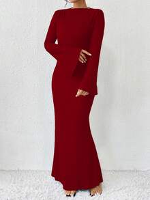 SHEIN 女士长袖喇叭袖纯色简约修身迷人优雅时尚柔软连衣裙酒红色长款女装 - 酒紅色 - 查看 5