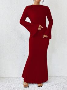 SHEIN 女士长袖喇叭袖纯色简约修身迷人优雅时尚柔软连衣裙酒红色长款女装 - 酒紅色 - 查看 4