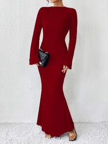 SHEIN 女士长袖喇叭袖纯色简约修身迷人优雅时尚柔软连衣裙酒红色长款女装 - 酒紅色 - 查看 6