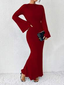 SHEIN 女士长袖喇叭袖纯色简约修身迷人优雅时尚柔软连衣裙酒红色长款女装 - 酒紅色 - 查看 7
