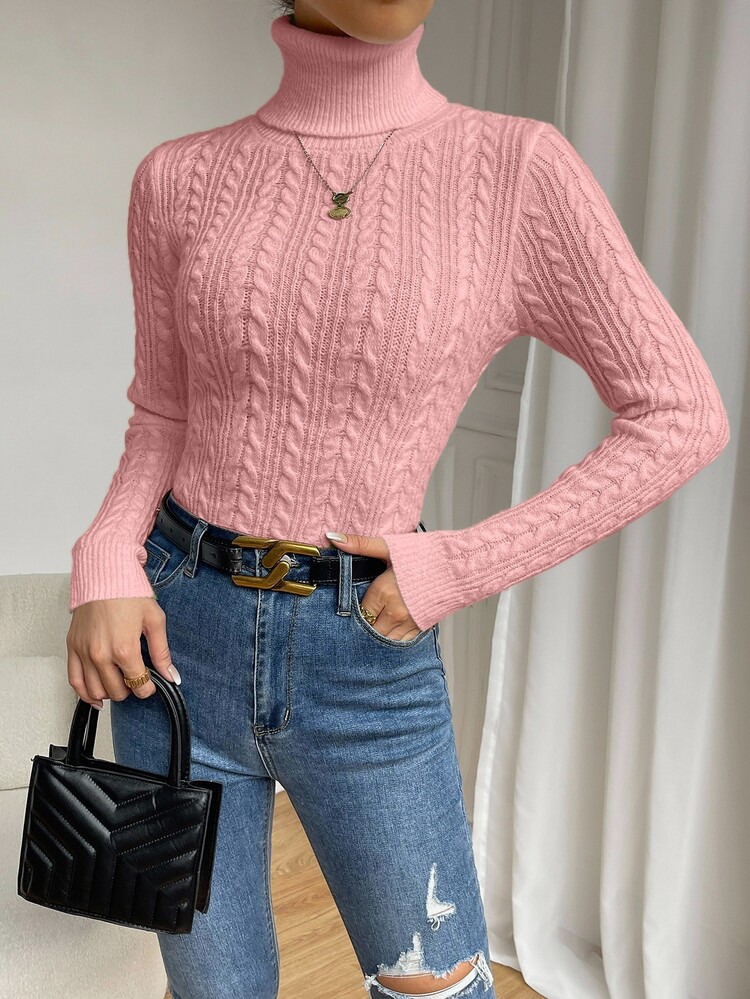 SHEIN Dam Casual Enfärgad Kabelstickad Polotröja Stickad Pullover Höst Vinter - Rosa - Visa 5