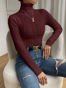 RosyDaze 女款純色高領標準肩長袖休閒優雅麻花編織套頭毛衣 辦公通勤款 酒紅色 秋季 - 酒紅色 - 查看 5
