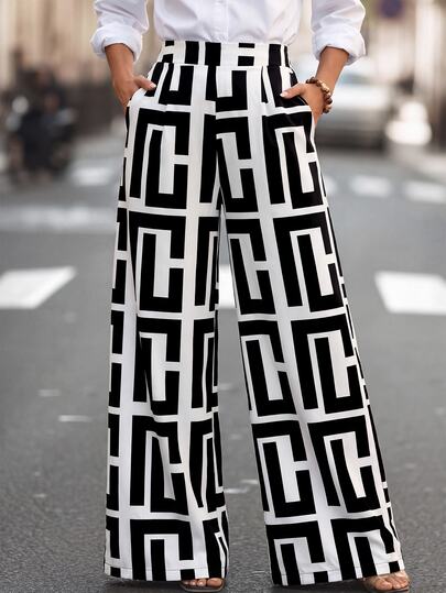 RosyDaze Women's Loose Geometric Print A-Line Casual Wide Leg Long Pants For Teachers, Summer Fall Cloth For Women