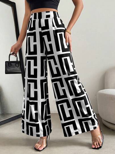 RosyDaze Women's Loose Geometric Print A-Line Casual Wide Leg Long Pants For Teachers, Summer Fall Cloth For Women