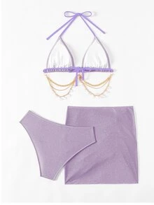 Swim SXY 3pcs/Set Women's Shiny Chain Decor Bikini Set, Summer Beach - Mauve Purple - View 4
