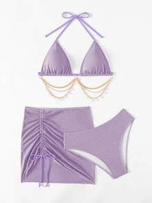 Swim SXY 3pcs/Set Women's Shiny Chain Decor Bikini Set, Summer Beach - Mauve Purple - View 6