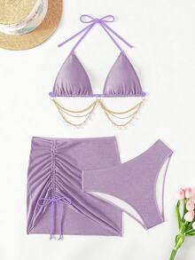 Swim SXY 3pcs/Set Women's Shiny Chain Decor Bikini Set, Summer Beach - Mauve Purple - View 7