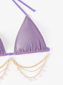 Swim SXY 3pcs/Set Women's Shiny Chain Decor Bikini Set, Summer Beach - Mauve Purple - View 3