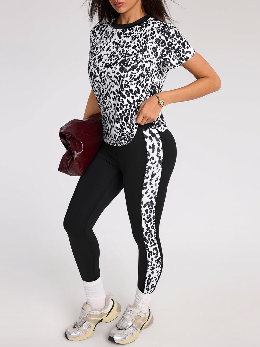Rovax Women's Leopard Print Short Sleeve T-Shirt And Leggings Sports Set - Multicolor - View 1