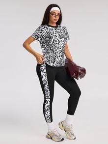 Rovax Women's Leopard Print Short Sleeve T-Shirt And Leggings Sports Set - Multicolor - View 3