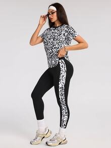 Rovax Women's Leopard Print Short Sleeve T-Shirt And Leggings Sports Set - Multicolor - View 4