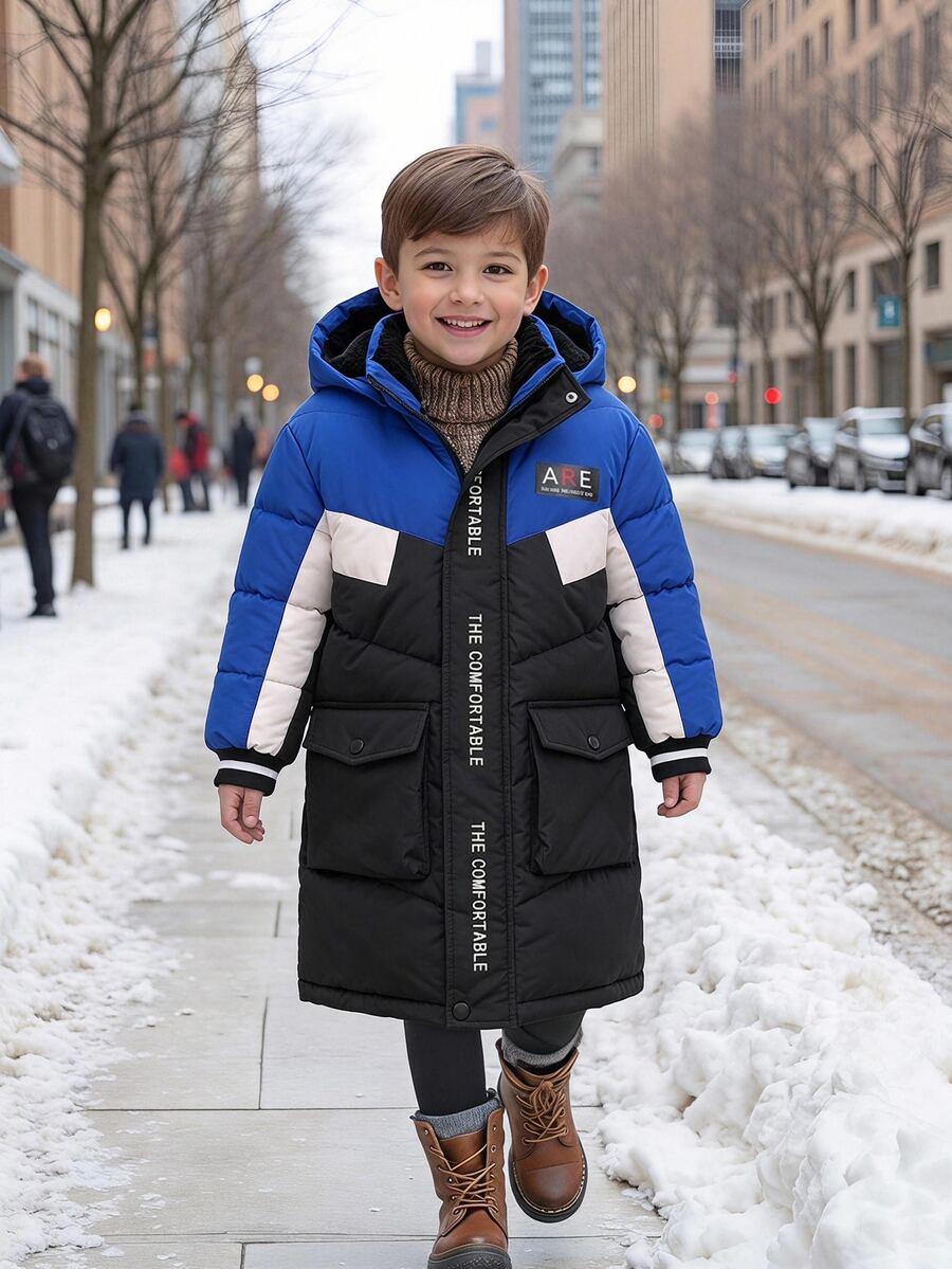 SHEIN 男童休閒日常保暖長款連帽大毛領填充外套,適合秋冬滑雪與戶外活動,舒適保暖,讓孩子在寒冷天氣中保持溫暖,街頭風時尚設計 - 彩色 - 查看 1