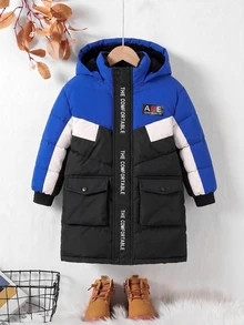 SHEIN 男童休閒日常保暖長款連帽大毛領填充外套，適合秋冬滑雪與戶外活動，舒適保暖，讓孩子在寒冷天氣中保持溫暖，街頭風時尚設計 - 彩色 - 查看 3