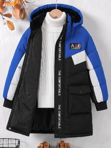 SHEIN 男童休閒日常保暖長款連帽大毛領填充外套，適合秋冬滑雪與戶外活動，舒適保暖，讓孩子在寒冷天氣中保持溫暖，街頭風時尚設計 - 彩色 - 查看 7
