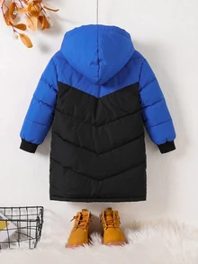SHEIN 男童休閒日常保暖長款連帽大毛領填充外套，適合秋冬滑雪與戶外活動，舒適保暖，讓孩子在寒冷天氣中保持溫暖，街頭風時尚設計 - 彩色 - 查看 2