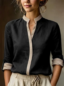 SHEIN Women's Elegant Soft Textured Color Block Shirt Half Open Neck Adjustable Cuff Daily Relaxed Top - Black - View 6
