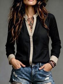 SHEIN Women's Elegant Soft Textured Color Block Shirt Half Open Neck Adjustable Cuff Daily Relaxed Top - Black - View 5