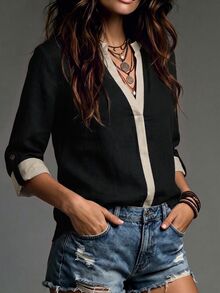 SHEIN Women's Elegant Soft Textured Color Block Shirt Half Open Neck Adjustable Cuff Daily Relaxed Top - Black - View 4