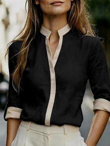 SHEIN Women's Elegant Soft Textured Color Block Shirt Half Open Neck Adjustable Cuff Daily Relaxed Top - Black - View 2
