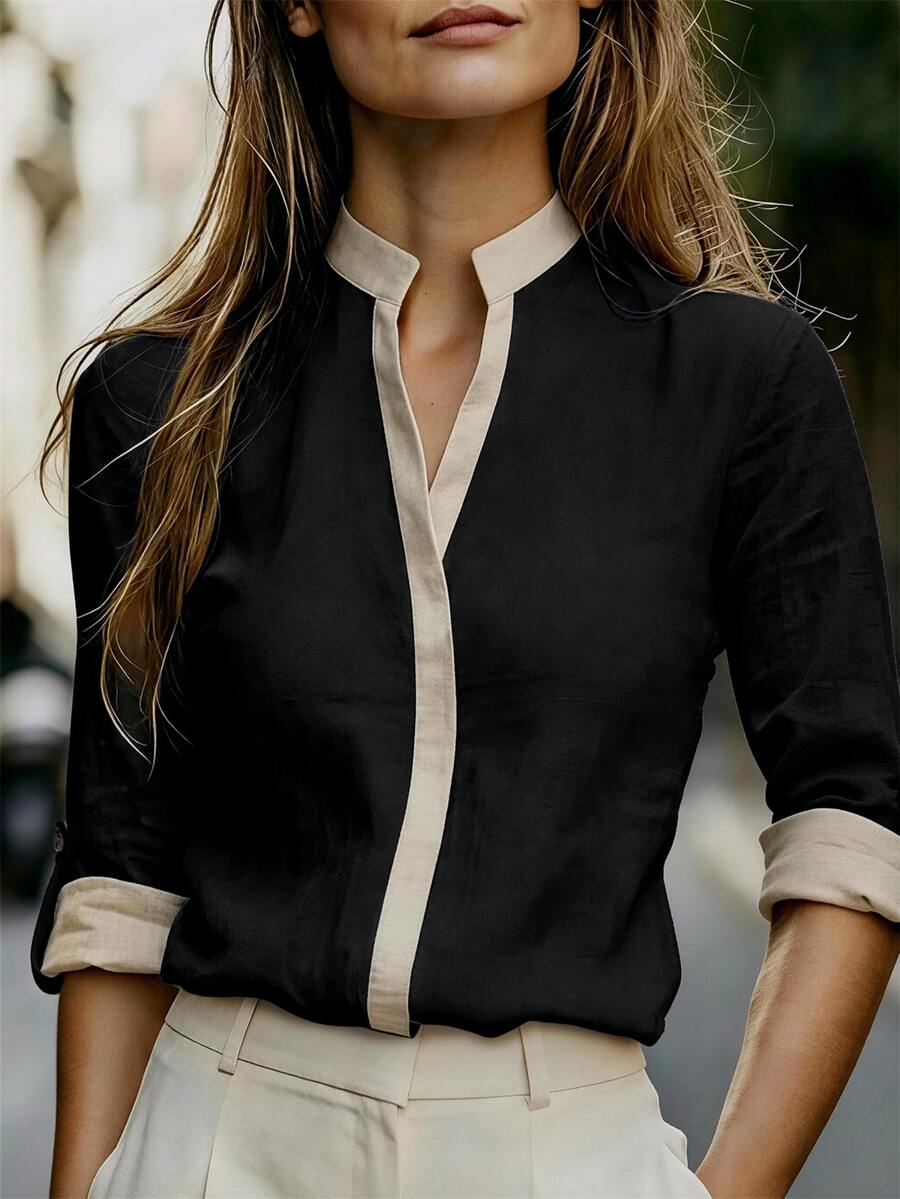 SHEIN Women's Elegant Soft Textured Color Block Shirt Half Open Neck Adjustable Cuff Daily Relaxed Top
