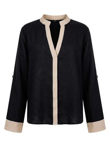 SHEIN Women's Elegant Soft Textured Color Block Shirt Half Open Neck Adjustable Cuff Daily Relaxed Top - Black - View 8