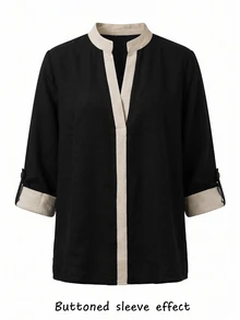 SHEIN Women's Elegant Soft Textured Color Block Shirt Half Open Neck Adjustable Cuff Daily Relaxed Top - Black - View 7