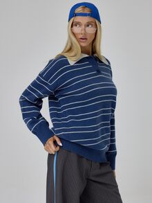 MUSERA Blue Striped Oversized Relaxed Fit Jumper Sweater Fall Autumn Winter Coolgirl Back To School Blancs - Multicolor - View 4