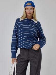 MUSERA Blue Striped Oversized Relaxed Fit Jumper Sweater Fall Autumn Winter Coolgirl Back To School Blancs - Multicolor - View 1