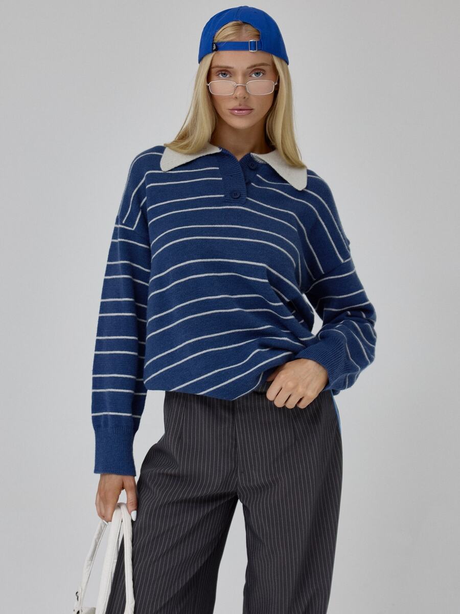 MUSERA Blue Striped Oversized Relaxed Fit Jumper Sweater Fall Autumn Winter Coolgirl Back To School Blancs - Multicolor - View 1