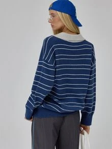 MUSERA Blue Striped Oversized Relaxed Fit Jumper Sweater Fall Autumn Winter Coolgirl Back To School Blancs - Multicolor - View 5