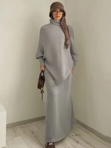 Solavon Women's Solid Color High Neck Batwing Long Sleeve Sweater And Knitted Skirt 2-Piece Set - Grey - View 3