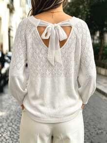 SHEIN LUNE CURVE Áo len dệt kim hở vai màu trắng size lớn cho nữ, mùa thu/đông, thiết kế rỗng, hở lưng thắt nơ, dáng rộng chui đầu, phù hợp đi tiệc, dạo phố hàng ngày và các dịp khác - trắng - Xem 2