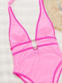 SHEIN Swim 女士深 V 领露背性感连体泳衣，波西米亚风 - 粉色 - 查看 3