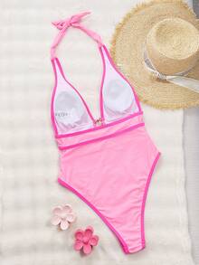 SHEIN Swim 女士深 V 领露背性感连体泳衣，波西米亚风 - 粉色 - 查看 2