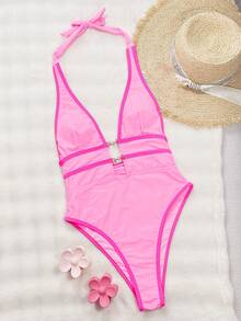 SHEIN Swim 女士深 V 领露背性感连体泳衣，波西米亚风 - 粉色 - 查看 4