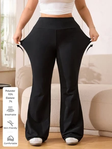 SHEIN CURVE+ 女士高腰喇叭弹力休闲裤，秋季/春季/夏季清凉裤，喇叭裤 - 黑色 - 查看 2