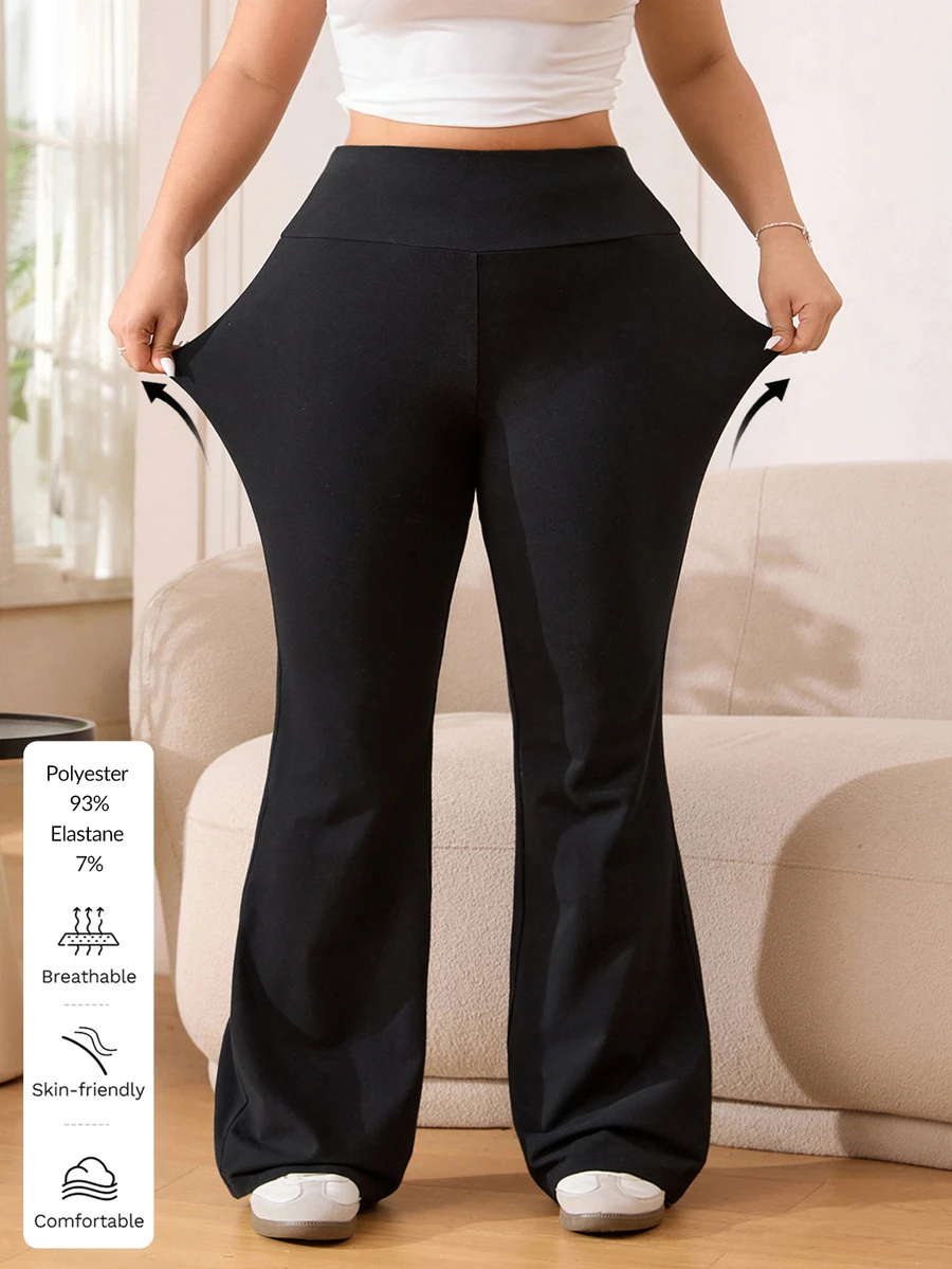 SHEIN CURVE+ 女士高腰喇叭弹力休闲裤，秋季/春季/夏季清凉裤，喇叭裤