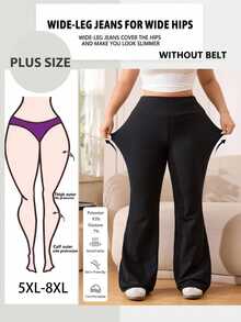 SHEIN CURVE+ 女士高腰喇叭弹力休闲裤，秋季/春季/夏季清凉裤，喇叭裤 - 黑色 - 查看 7