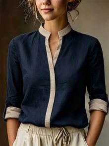 SHEIN 女款優雅柔軟紋理拼接配色襯衫，半開領，可調節袖口，休閒日常上衣 - 藏蓝色 - 查看 6