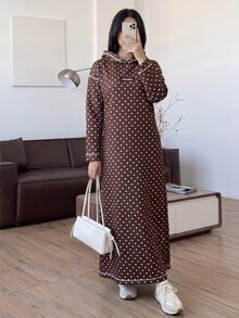 Solavon 女款韓式極簡波點牛仔連帽洋裝 - 摩卡棕 - 查看 3
