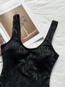 SHEIN Swim 女款一件式網格面料可調節肩帶休閒泳衣，適合海灘、島嶼、度假及日常穿著 - 黑色 - 查看 4