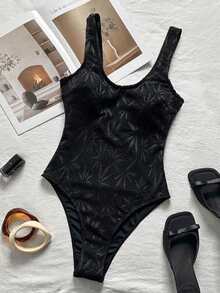 SHEIN Swim 女款一件式網格面料可調節肩帶休閒泳衣，適合海灘、島嶼、度假及日常穿著 - 黑色 - 查看 2
