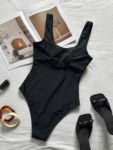 SHEIN Swim 女款一件式網格面料可調節肩帶休閒泳衣，適合海灘、島嶼、度假及日常穿著 - 黑色 - 查看 6