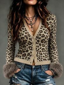 LUMIGAL Women's Leopard Print Long Sleeve Single-Breasted Knit Cardigan - Brown - View 2